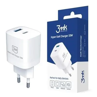 3mk nabíječka do sítě Hyper Charger 33W, GaN, 1x USB-C (PD) + 1x USB, bílá