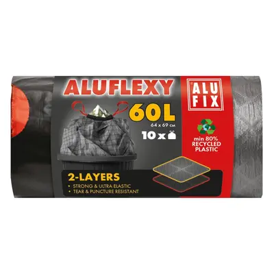 Pytel na odpad Aluflexy, 64x69 cm, 60 l, 33 mikronů, zatahovací, stříbrnočerný, 10 ks