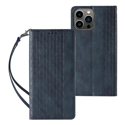 Magnet Strap Case iPhone 14 Pro Max flip cover wallet mini lanyard stand blue