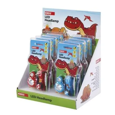 Dětská LED čelovka Dino, 2× CR2032, 8 ks, display box