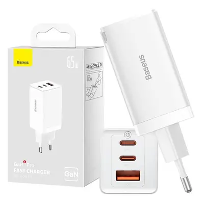 Baseus GaN5 Pro 2xUSB-C + USB síťová nabíječka, 65W (bílá)