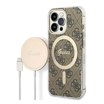 Pouzdro Guess 4G Print MagSafe pro iPhone 13 Pro + indukční nabíječka - hnědé