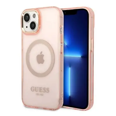 Guess Gold Outline průsvitné pouzdro MagSafe pro iPhone 14 Plus - růžové