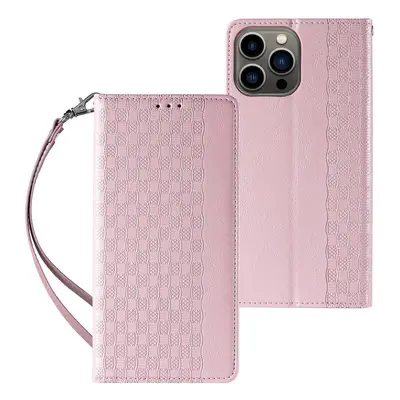 Magnet Strap Case iPhone 14 Pro Max flip cover peněženka mini lanyard stand růžová