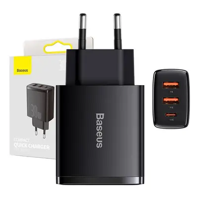 Baseus Compact Quick Charger, 2xUSB, USB-C, PD, 3A, 30W (černá)