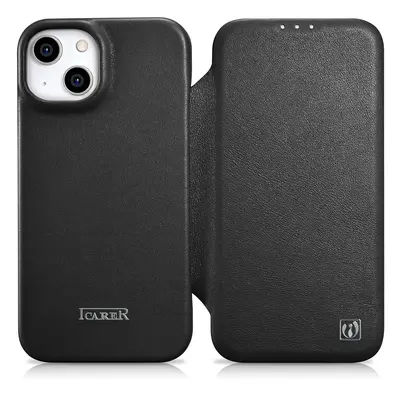 iCarer CE Premium Leather Folio Case pro iPhone 14 Plus s magnetickou klopou MagSafe černý (WMI1