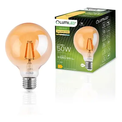 LED žárovka E27 G95 6W = 50W 660lm 2200K Teplá 360° Filament LUMILED Globe Amber