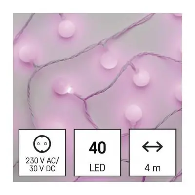 LED světelný cherry řetěz – kuličky 2,5 cm, 4 m, venkovní i vnitřní, růžová, časovač