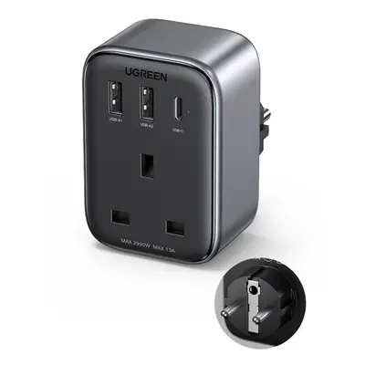 30W síťová nabíječka (2xUSB/USB C/AC) / UK - EU 13A adaptér Ugreen CD314 - černý