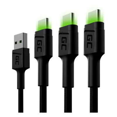 Set 3x Green Cell kabel GC Ray USB-C 120cm kabel zelené LED podsvícení, rychlo nabíjení Ultra Ch