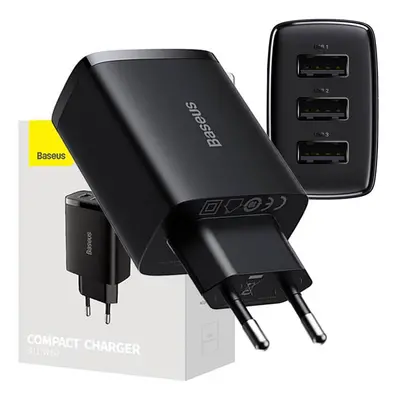 Kompaktní rychlonabíječka Baseus, 3x USB, 17 W (černá)