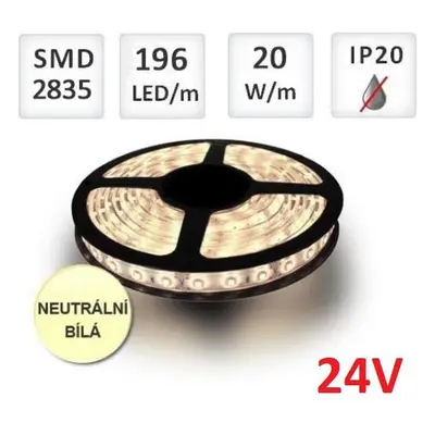 LED pásek 24V 5m 196ks 2835 20W/m, Neutrální bílá