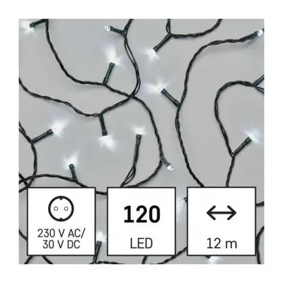 LED vánoční řetěz, 12 m, venkovní i vnitřní, studená bílá, programy