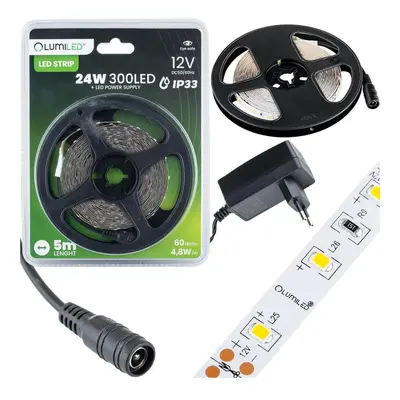 Sada LED pásek 12V 24W 300LED SMD 2835 Teplá 8mm 5m + Zdroj