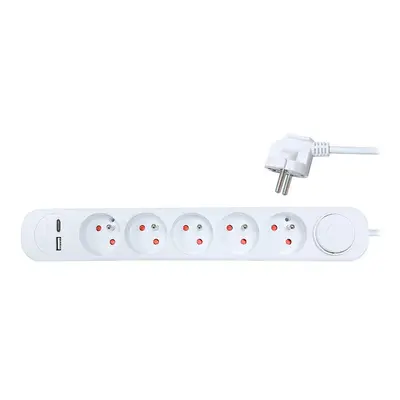 Solight prodlužovací přívod 5 zásuvek, USB A+C nabíječka 12W, 3m, 3 x 1mm2, bílý, vypínač