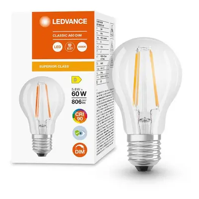 LED žárovka LED E27 A60 5,8W = 60W 806lm 4000K Neutrální 300° CRI90 Filament Stmívatelná LEDVANC