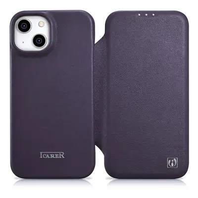 iCarer CE Premium Leather Folio Case pro iPhone 14 Plus s magnetickou klapkou MagSafe tmavě fial