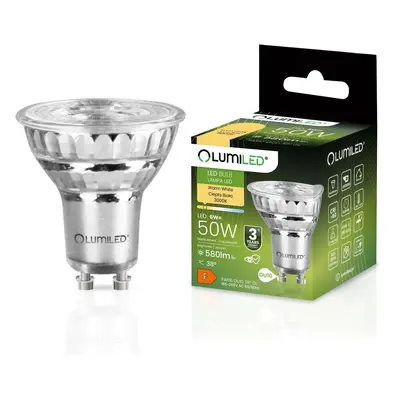 LED žárovka LED GU10 6W = 50W 580lm 3000K Teplá 38° skleněné LUMILED