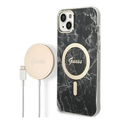 Pouzdro Guess Marble MagSafe pro iPhone 14 + indukční nabíječka - černé