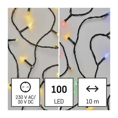 LED vánoční řetěz 2v1, 10 m, venkovní i vnitřní, teplá bílá/multicolor, programy