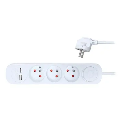 Solight 3z prodlužovací přívod s USB A+C nabíječkou 2.4A, 2m, 3 x 1mm2, bílý, vypínač