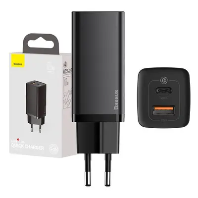 Síťová nabíječka Baseus GaN2 Lite, USB + USB-C, 65 W, EU (černá)