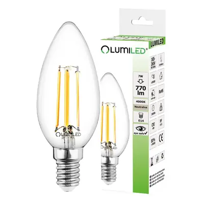 LED žárovka LED E14 B35 7W = 65W 806lm 4000K Neutrální 360° Filament LUMILED