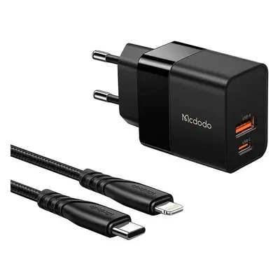 Mcdodo CH-1952 USB + USB-C, 20W síťová nabíječka + kabel USB-C na Lightning (černý)