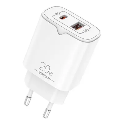 Síťová nabíječka Vipfan E08, USB + USB-C, 20W PD + QC 3.0 (bílá)