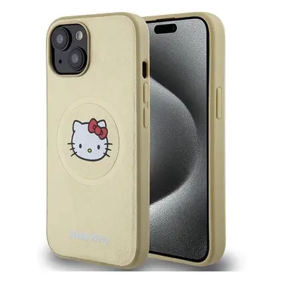 Kožené pouzdro Hello Kitty Kitty Head MagSafe pro iPhone 15 - zlaté