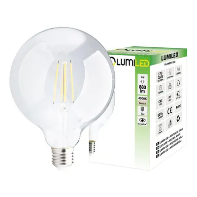 LED žárovka LED E27 G125 8W = 65W 880lm 4000K Neutrální 360° Filament LUMILED