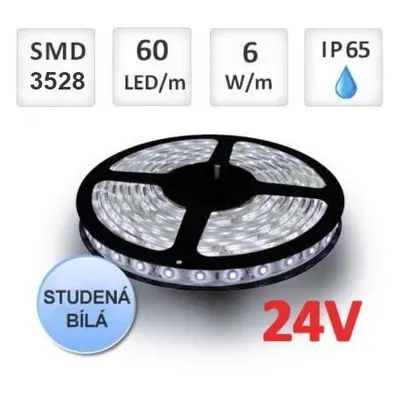 LED pásek 24V 5m 60ks 3528 6W/m silikon STUDENÁ BÍLÁ