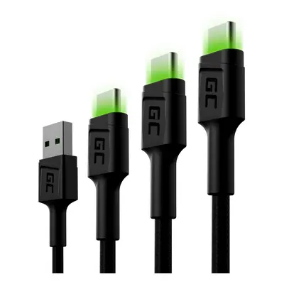 Set 3x Green Cell kabel GC Ray USB-C kabel 30cm, 120cm, 200cm zelené LED podsvícení, rychlo nabí