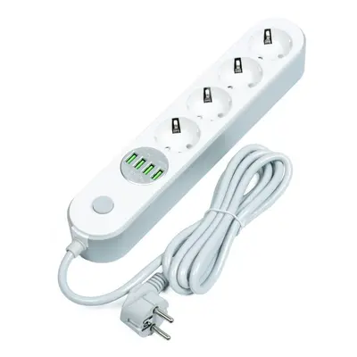 Prodlužovací SMART kabel - šňůra 1.8m se 4 síťovými a 4 USB zásuvkami, vypínač, bílý