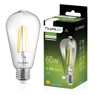 LED žárovka LED E27 ST64 8W = 60W 880lm 4000K Neutrální 360° Filament LUMILED