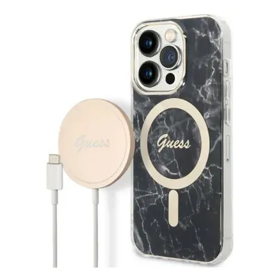 Pouzdro Guess Marble MagSafe pro iPhone 14 Pro + indukční nabíječka - černé