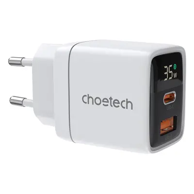 Choetech PD6052 USB-C USB-A PD 35W GaN síťová nabíječka s displejem - bílá