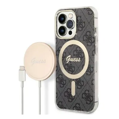 Pouzdro Guess 4G Print MagSafe pro iPhone 13 Pro + indukční nabíječka - černé