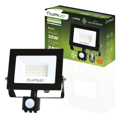 Reflektor LED ZUNA2 30W 2700lm 4000K IP44 Černý čidlo pohybu LUMILED