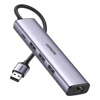 Adaptér UGREEN 5v1 USB-A na 3x USB 3.0 + RJ45 + USB-C (stříbrný)