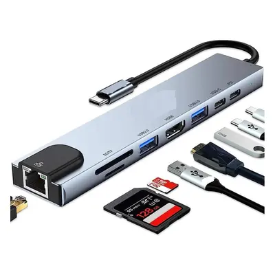 HUB | USB-C rozbočovač na 2x USB-A + 2x USB-C + SD + TF karty + HDMI + LAN | adaptér, rozbočovač