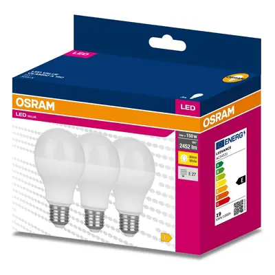 3PAK LED žárovka LED E27 A60 19W = 150W 2452lm 3000K Teplá 200° OSRAM VALUE