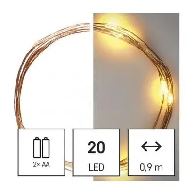 LED vánoční nano řetěz, 1,9 m, 2x AA, vnitřní, teplá bílá, časovač