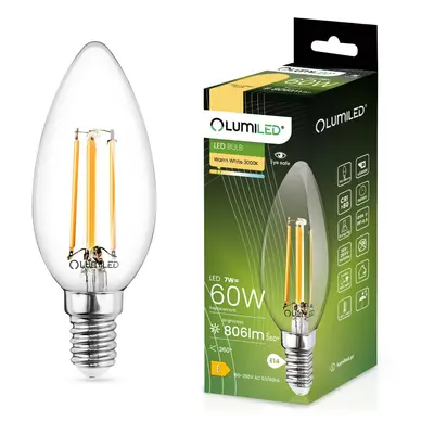 LED žárovka LED E14 B35 7W = 60W 806lm 3000K Teplá 360° Filament LUMILED