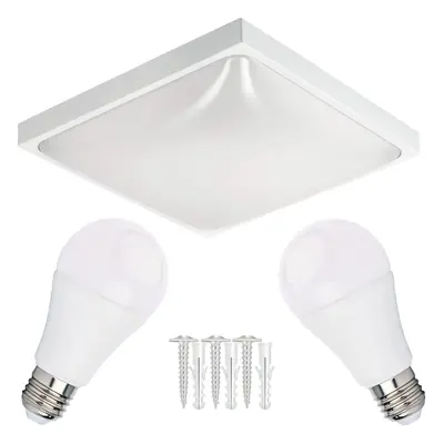 LED stropní svítidlo 2xE27 čtvercové bílé + 2x E27 10W neutrální bílá žárovka