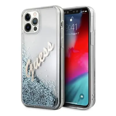 Pouzdro Guess Glitter Vintage Script pro iPhone 12 Pro Max - modré