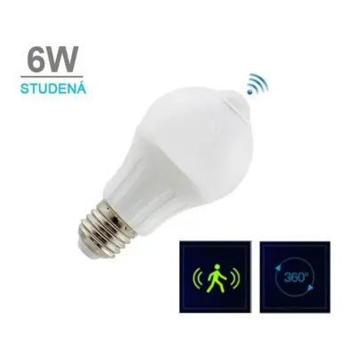 LED žárovka A60 s PIR čidlem 6W 14xSMD5630 580lm E27 STUDENÁ