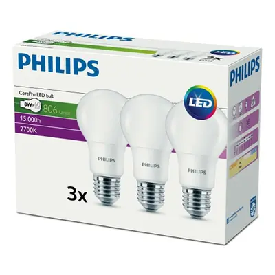 3PAK LED žárovka LED E27 A60 8W = 60W 806lm 2700K Teplá 300° PHILIPS CorePro