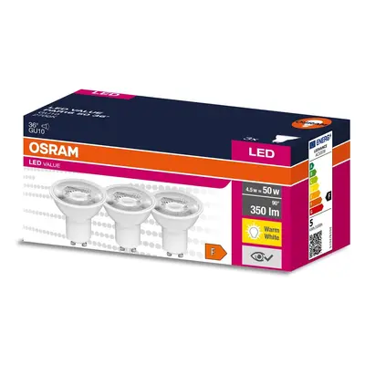 3PAK LED žárovka GU10 4,5W = 50W 350lm 2700K Teplá 36° OSRAM VALUE