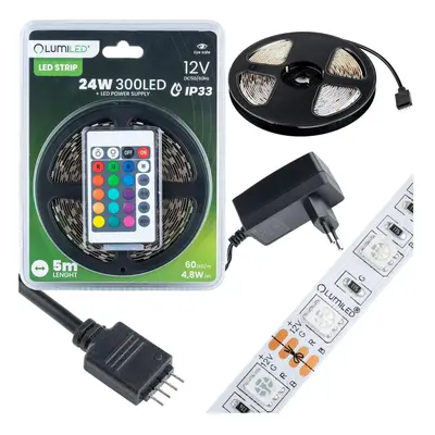 Sada LED pásek LED Pásek 12V 24W 300LED SMD 5050 RGB 8mm 5m + Zdroj + Ovladač